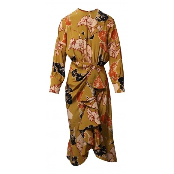 Johanna Ortiz /Yellow mustard Ochre wrap affect floral print midi ruffle Dress 4 - Picture 6 of 8